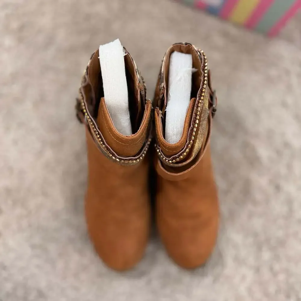 Biddy Girls Tan Leopard‎ Western Ankle Boots Size 4M Boutique Booties EUC